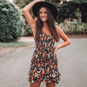 Olivaceous Black Floral Mini Dress with Orange & Blue Accents